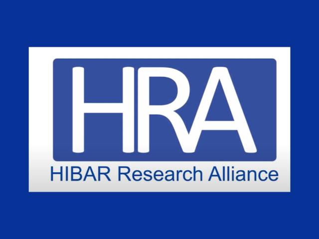 Text says "HRA" in large letters followed by “HIBAR Research Alliance” underneath the acronym in front of plain background
