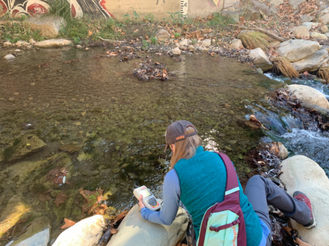 a woman faces a creek while using an electronic monitor