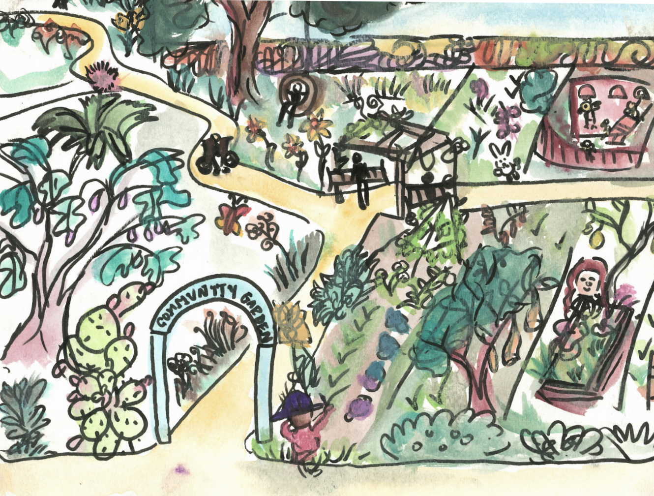 a drawing of a garden with trees and plants