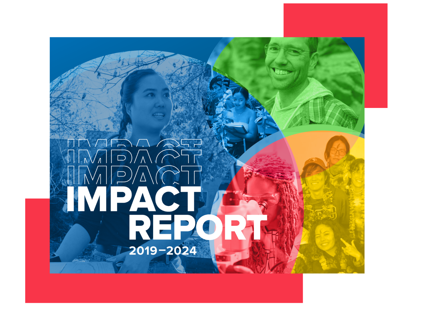 A collage image divided into three sections, each tinted with different colors. The left section, in blue, shows a person with braided hair outdoors. The center section, in red, depicts a person using a microscope, wearing safety goggles. The right section, in yellow, features a group of people wearing leis, with one person making a hand gesture and smiling.