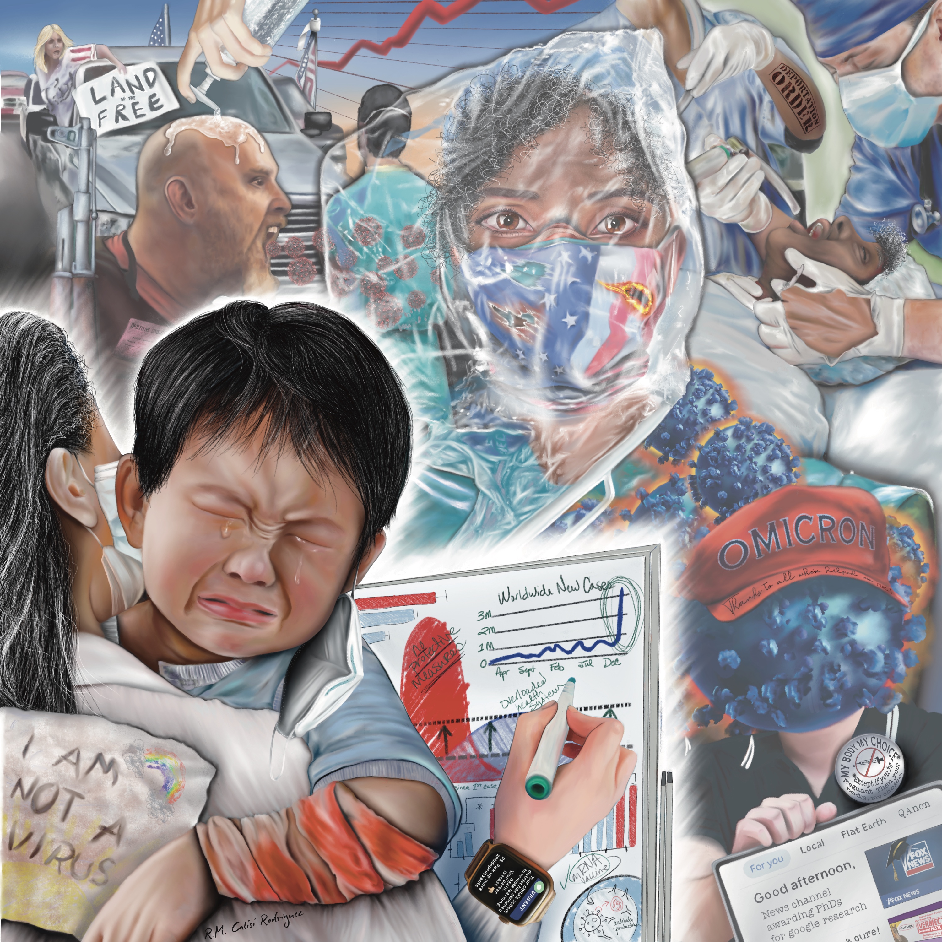 Mural of images that include an asian baby crying holding a piece of paper that says “I am not a virus”, a bald man screaming whose bald head is being doused with hand sanitizer, a woman wearing a red, blue, and white mask, COVID variant wearing a cap that says “OMICRON”, and a truck with a blonde woman holding a sign that says “LAND of the FREE” 