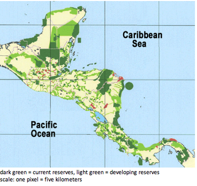 Map of Central America with the text "dark green = current reserves, light green = developing reserves scale: one pixel = five kilometers"
