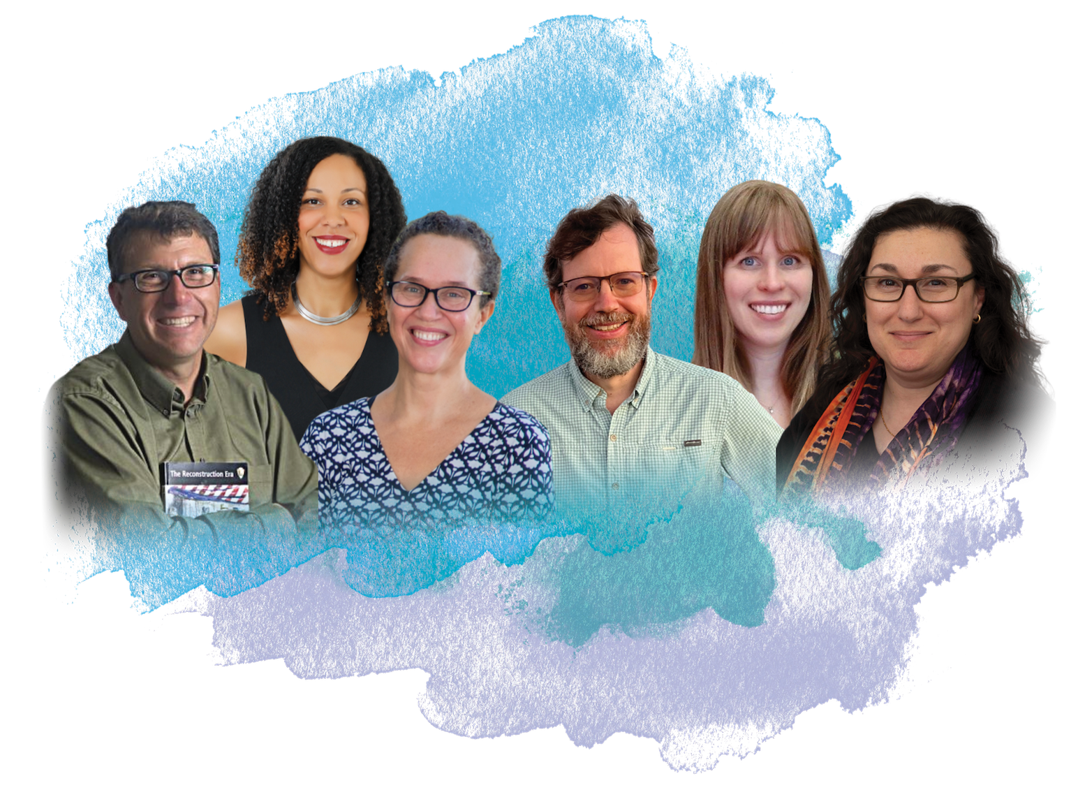 Graphic of the PSFF cohort of six individuals in front of a watercolor brushstroke mark