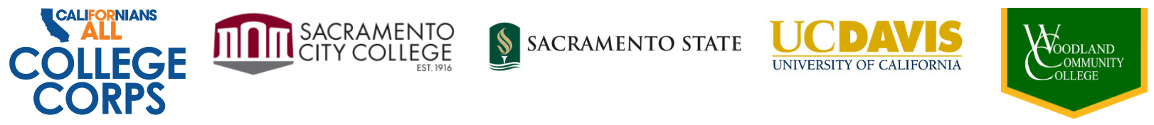 logos of Sacramento State University, Sacramento City College, UC Davis and Woodland Community College above the Californians for All College Corps Logo
