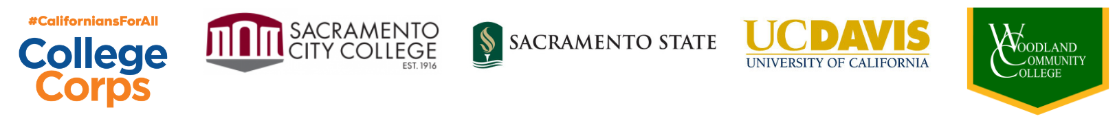 logos of the Californians for All College Corps, Sacramento State University, Sacramento City College, UC Davis and Woodland Community College side by side