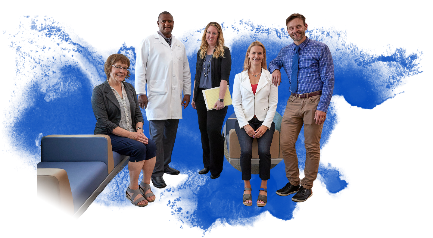 Graphic of a group of 5 health professionals stand and sit together to pose for a photo in front of a large watercolor brush stroke