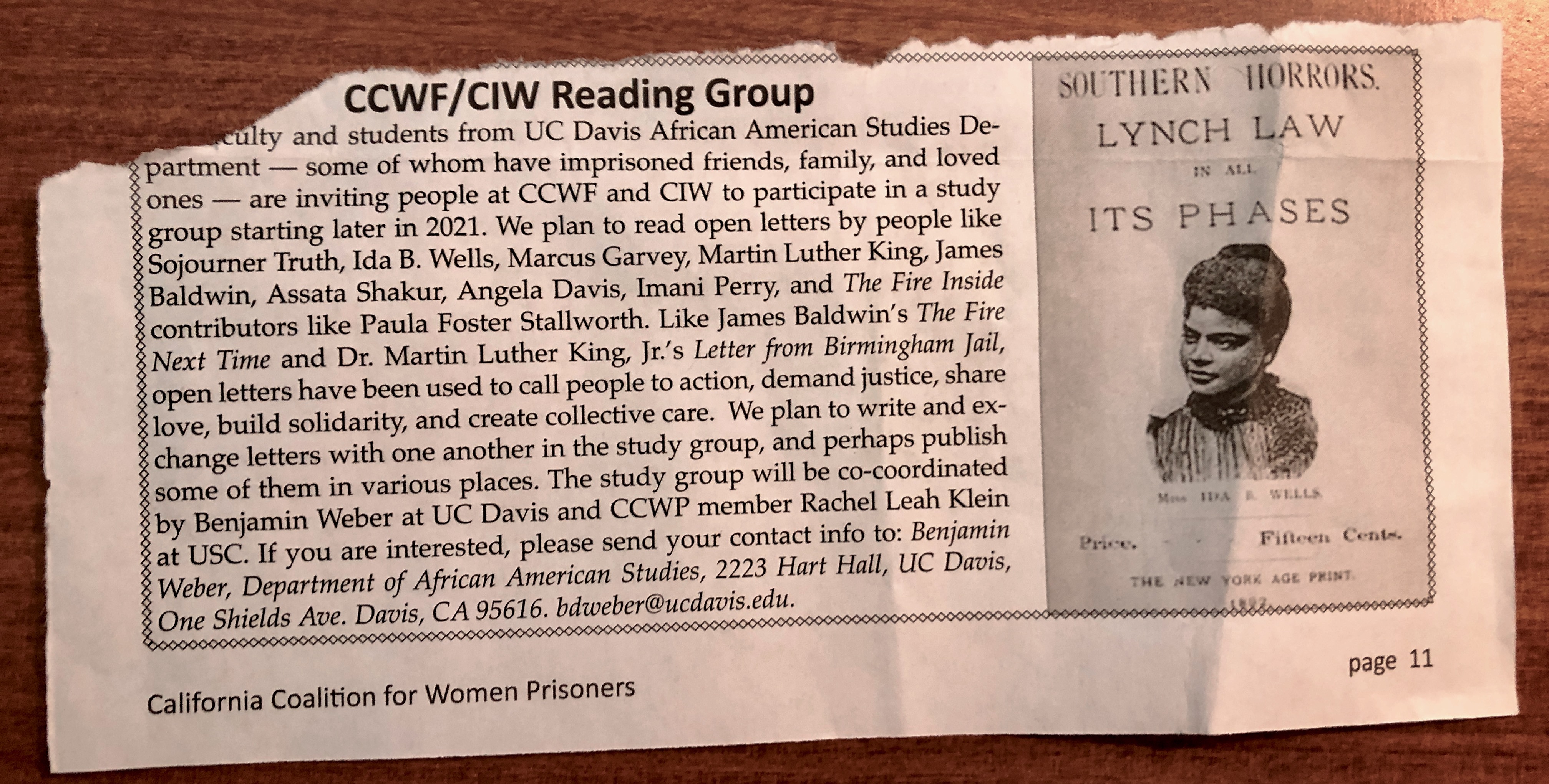 Newspaper clipping from the California Coalition for Women Prisoners, page 11. Title reads “CCWF/CIW Reading Group”. On the right hand side is a poster that says “Southern Horror LYNCH LAW IN ALL ITS PHASES.” On the left is a paragraph text  that reads “Faculty and students from UC Davis African American Studies Department — some of whom have imprisoned friends, family, and loved ones—are inviting people at CCWF and CIW to participate in a study group starting later in 2021. We plan to read open letters..."