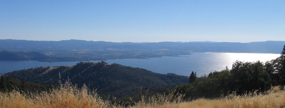 Water surrounded by hills and brown grass (Clear Lake, by Dav Yaginuma)