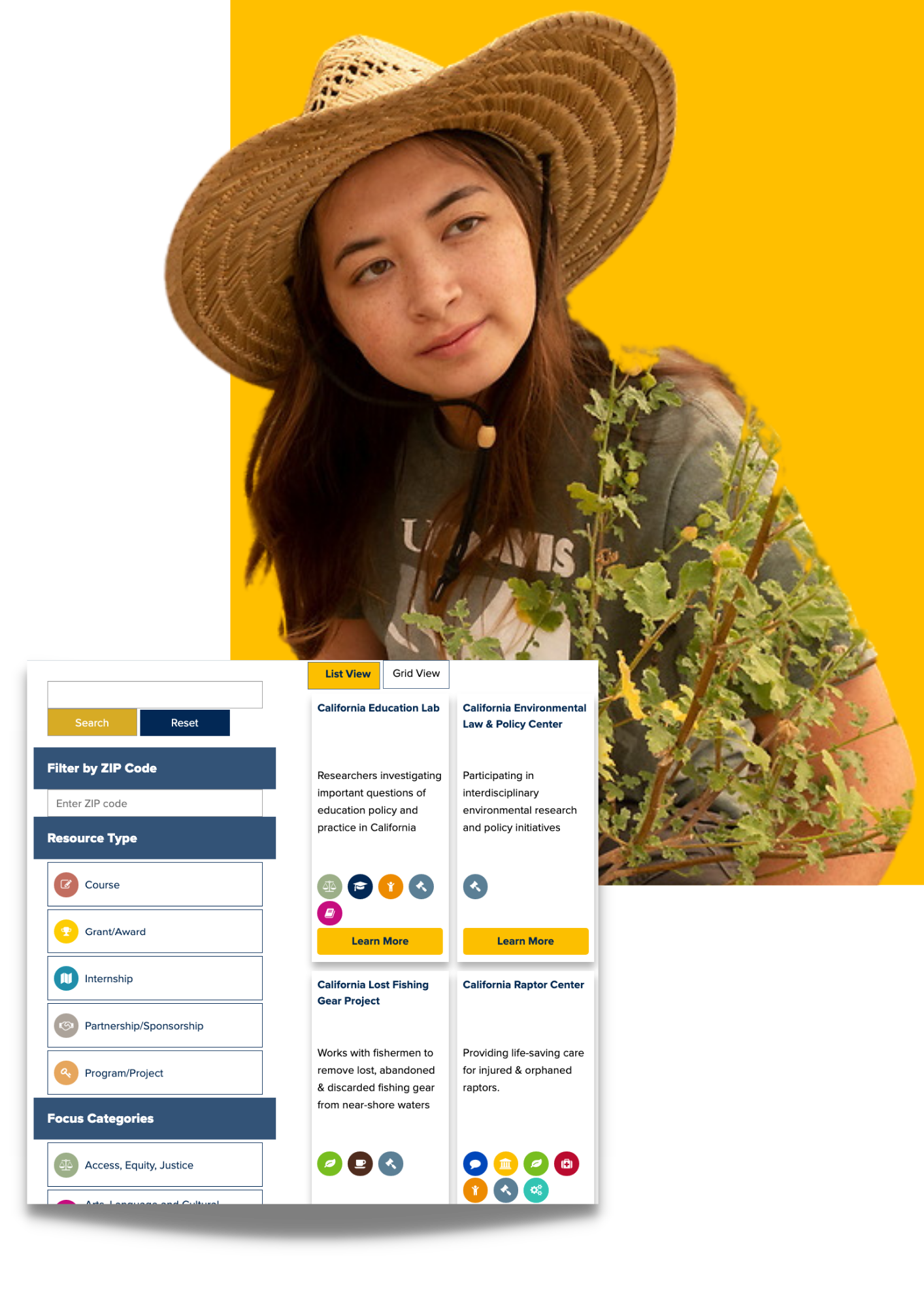 Woman wearing a hat looking to the distance with the Public Engagement Portal overlapped on top featuring four different program