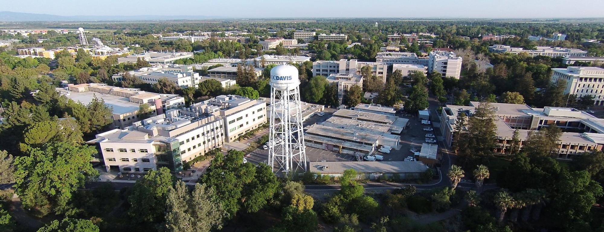 aerial view of the UC Davis campus and water tower