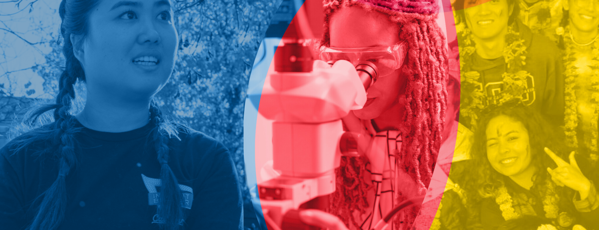 A collage image divided into three sections, each tinted with different colors. The left section, in blue, shows a person with braided hair outdoors. The center section, in red, depicts a person using a microscope, wearing safety goggles. The right section, in yellow, features a group of people wearing leis, with one person making a hand gesture and smiling.