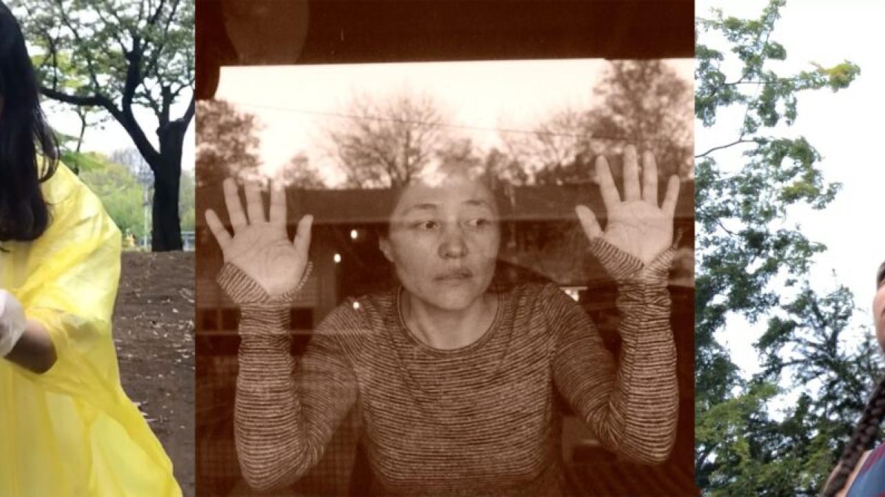 Mayuko Agari (left) is pictured outside in a yellow rain poncho with her hands cupped, practicing a scene from the play. Regina Maria Gutierrez Bermudez (center) is pictured behind a glass window with her hands against the glass, making a weary expression and Olivia Coca (Right) is pictured outdoors, going on a walk.