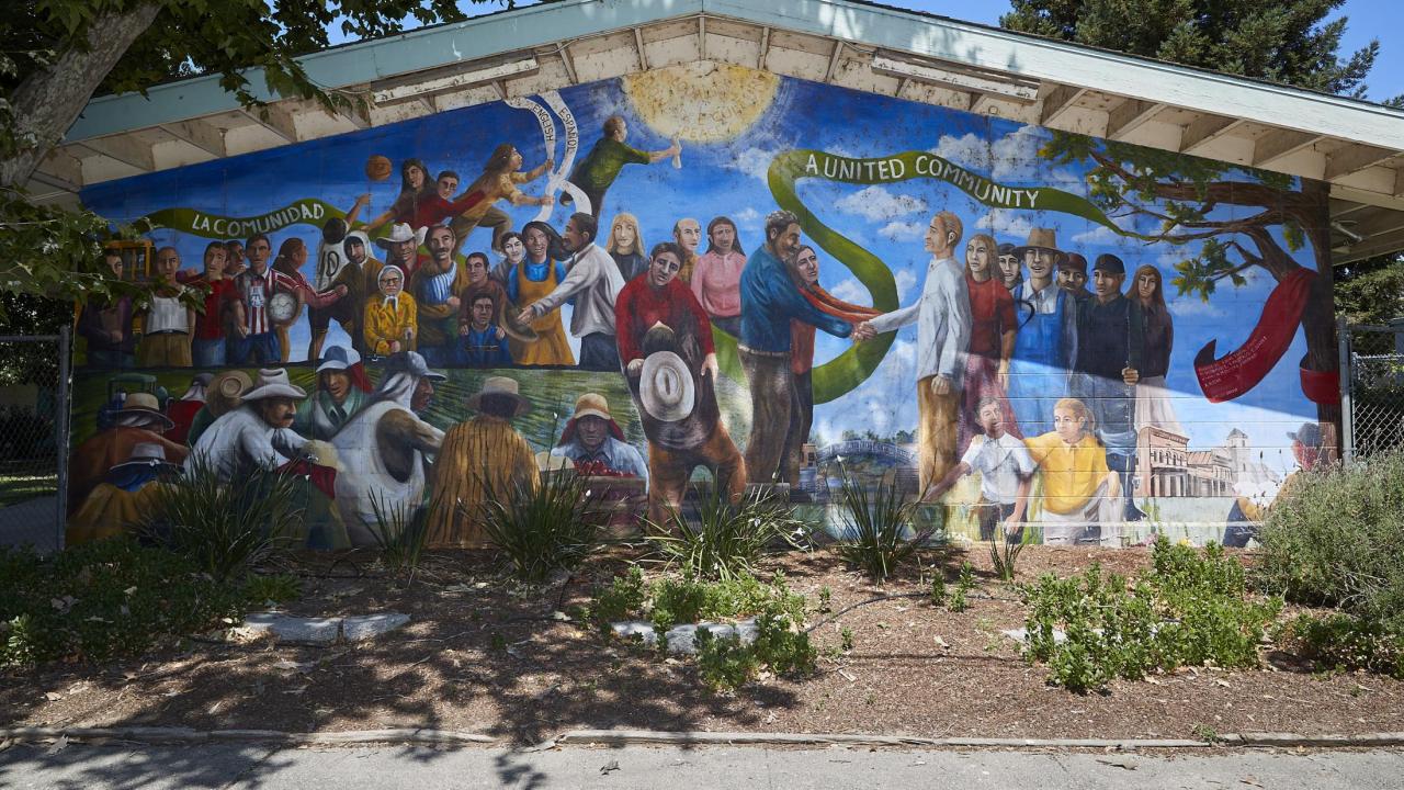 colorful mural on a side of a building that features different people together as a group with the words "la comunidad" and "a united community"