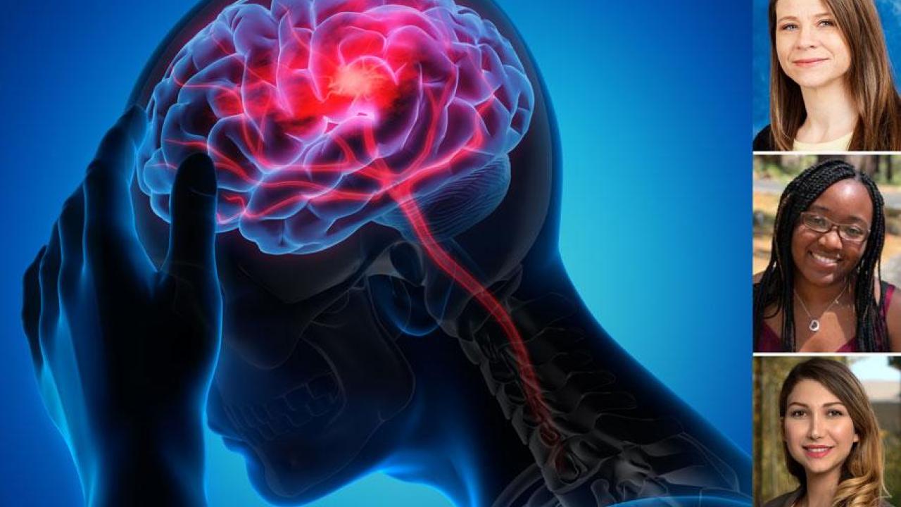 Picture of the human brain and three women apart of them team. 