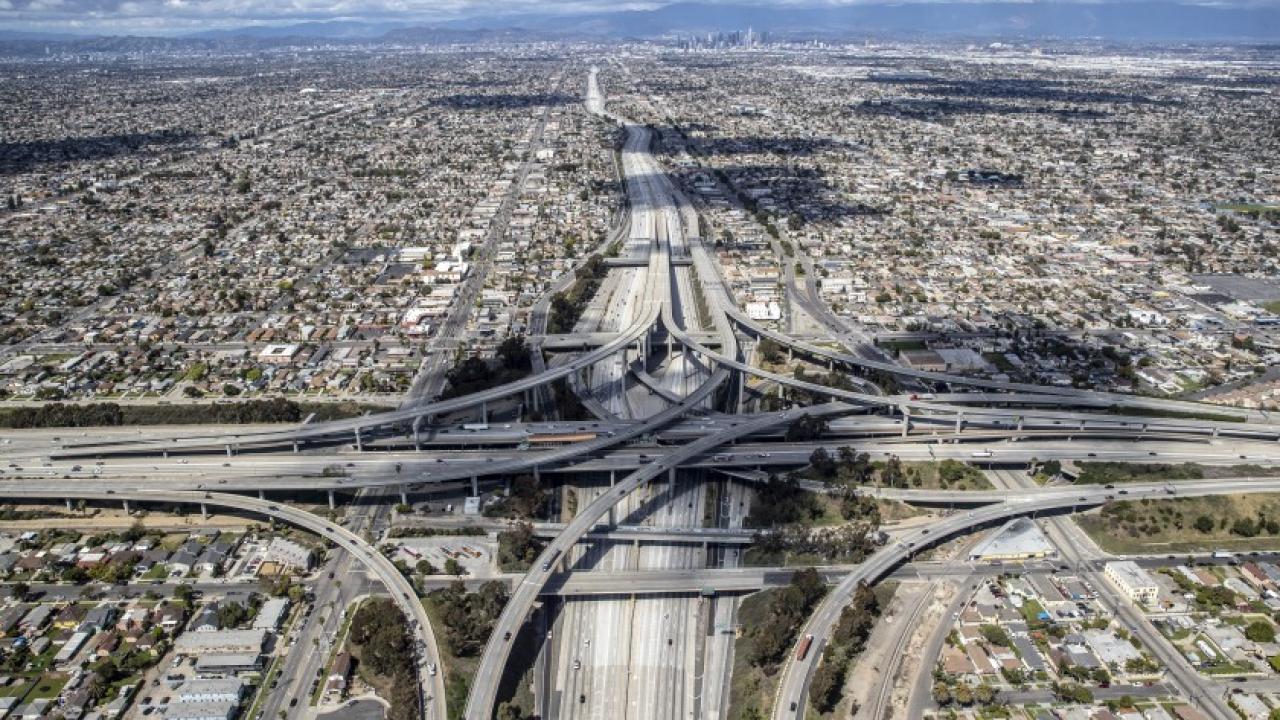 birds eye view of Los Angeles freeways with less traffic 