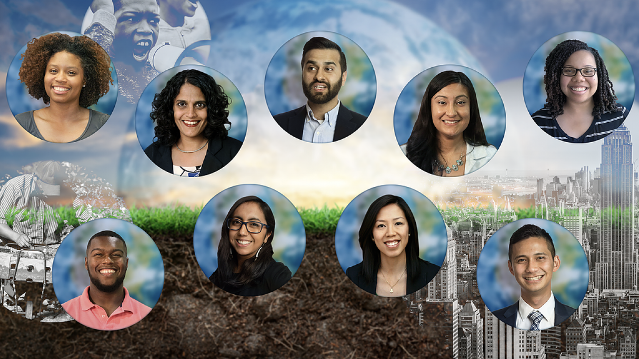 a blue background with superimposed faces and 9 circles with peoples faces