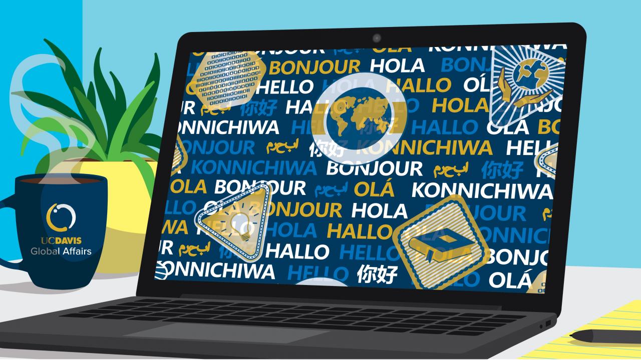 an illustration of a computer screen with stickers and the word Hello in different languages 