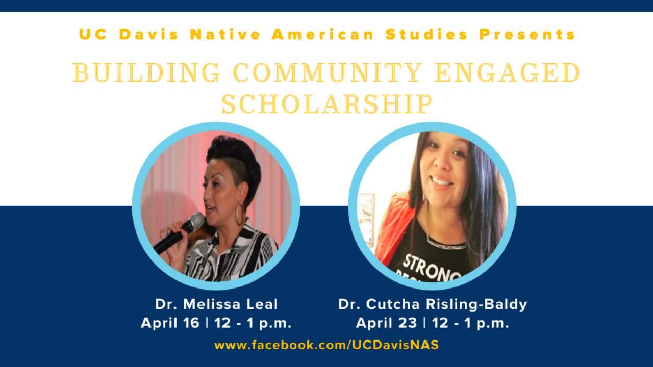 two circles with women's faces with the event title - building community engaged scholarship