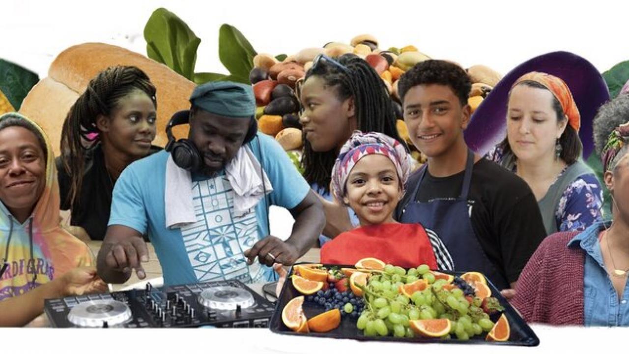 collage of diverse people against the backdrop of fresh food