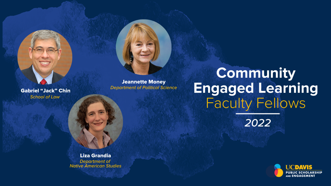 community engaged learning faculty fellows background with three individuals headshots collaged together in a circle shape individually