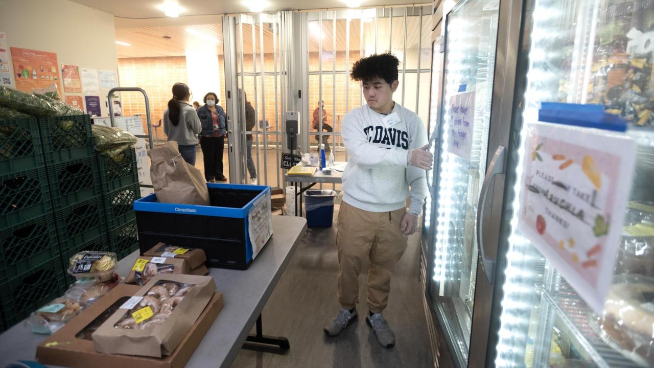 Students stocking shelves and refrigerated cases at the UC Davis Pantry.