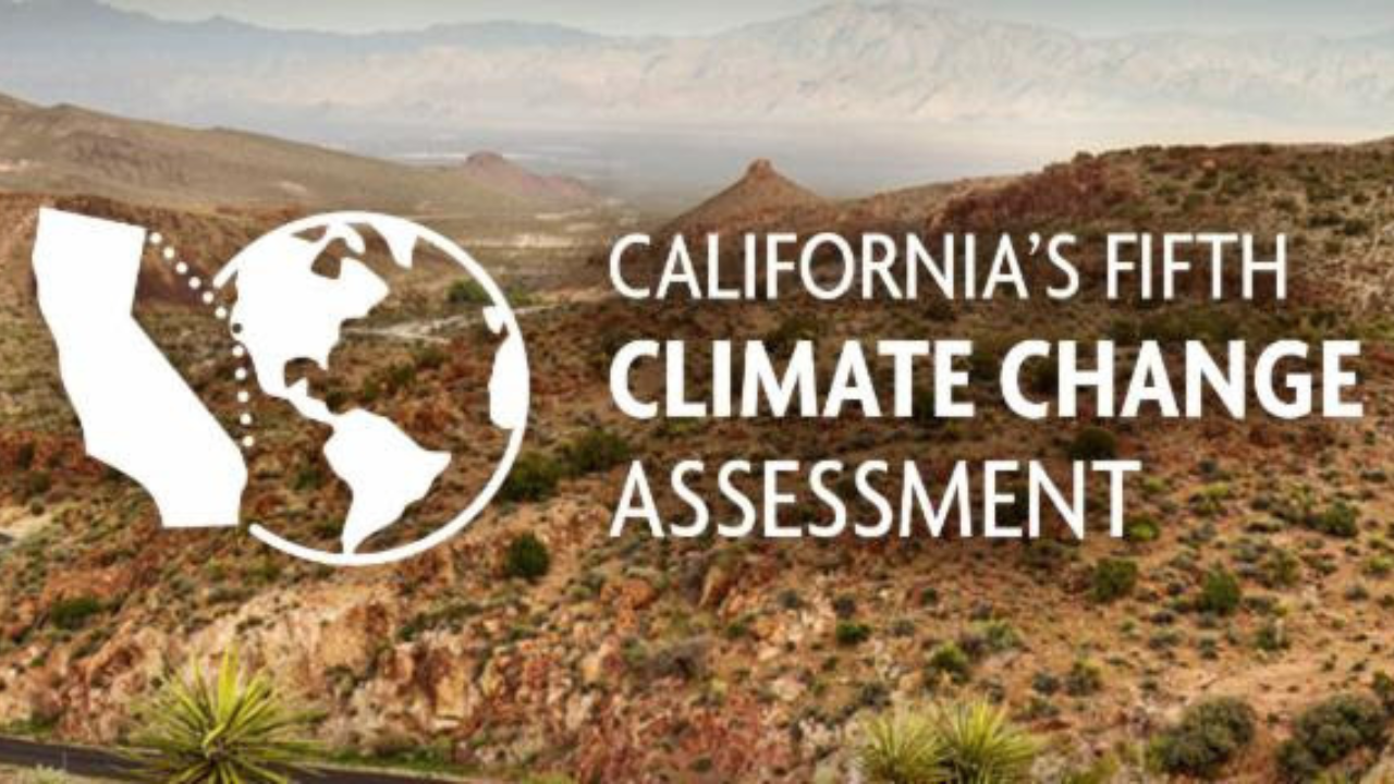 Graphic of landscape with text that says “California Climate Change Assessment”