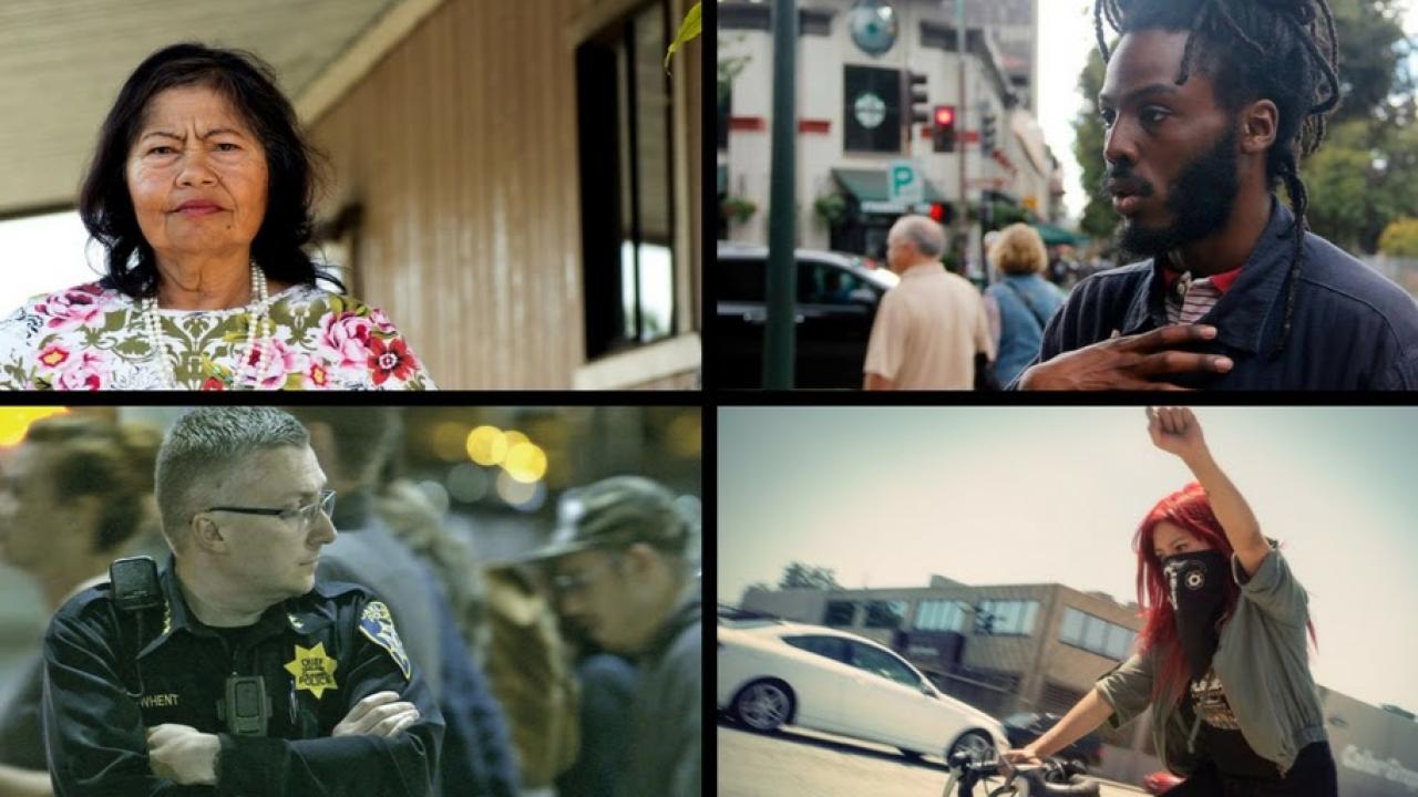 Four photos in one frame of different men and women. Top left photo has a woman look directly into the camera. Top right photo has a man in a city looking away from the camera. Bottom left photo has a police officer looking away from the photo. Bottom
