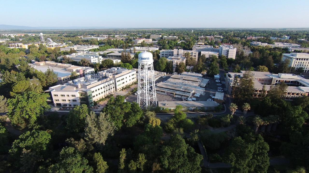 aerial view of the UC Davis campus and water tower