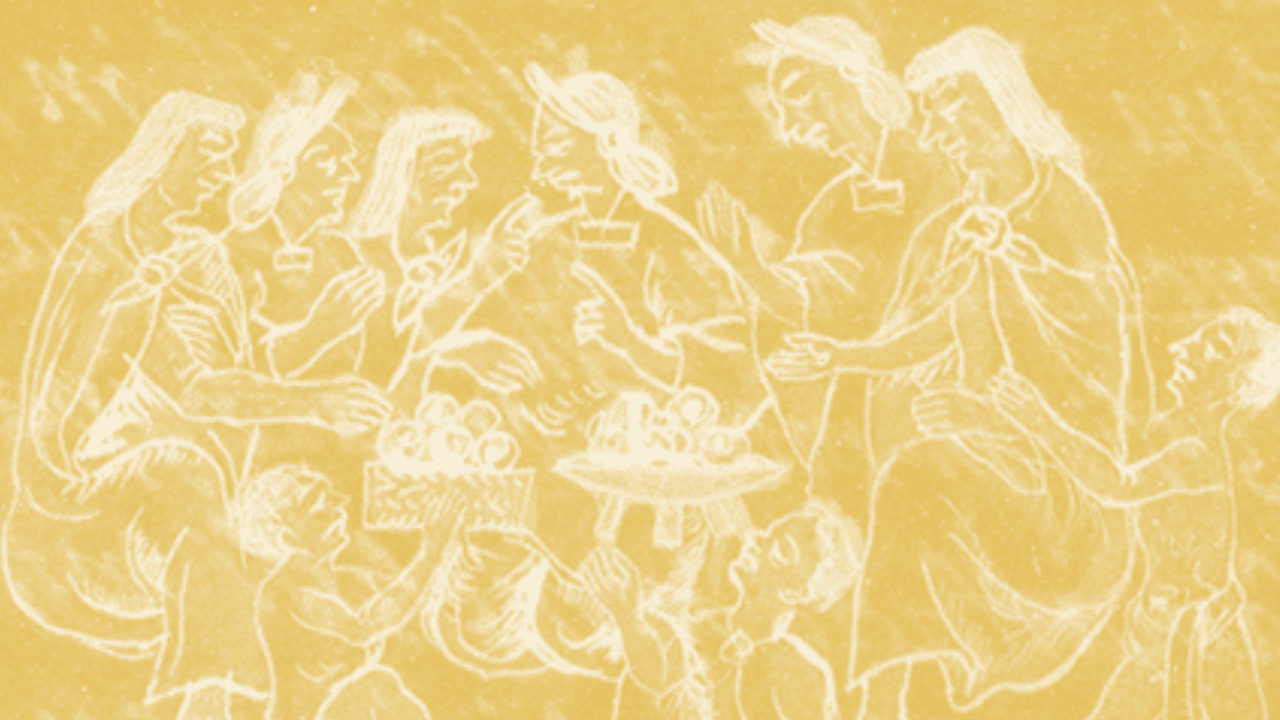 sketch illustration of a family gathered around the table enjoying a meal