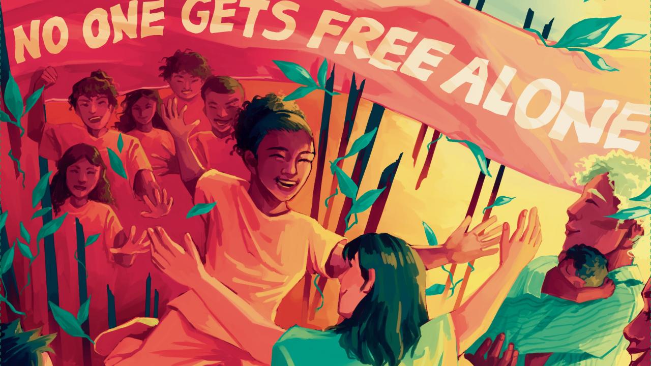 Illustration of two girls running towards one another for a hug. A group of children cheer in the background. Above them is a sign that says “NO ONE GETS FREE ALONE”.