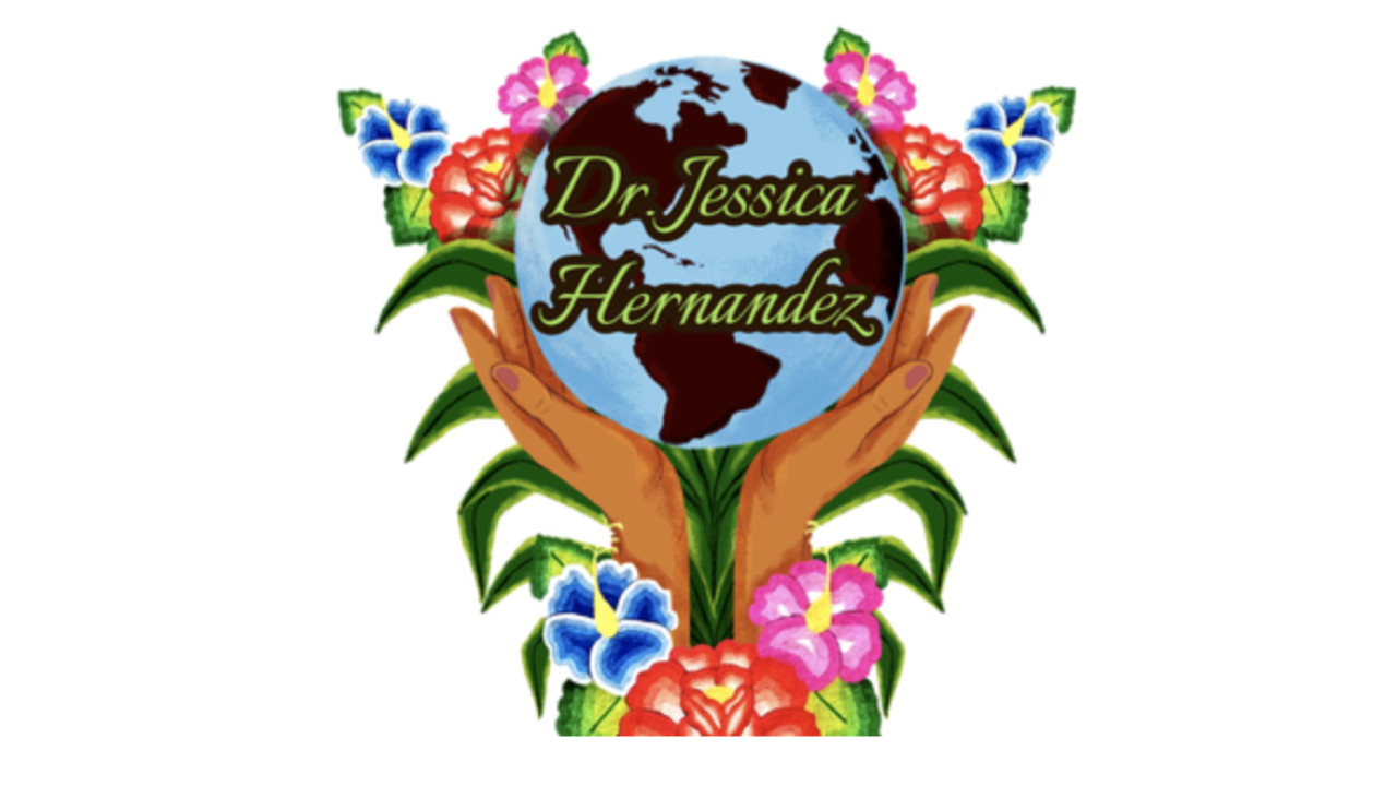digital illustration of two hands holding up a globe with the text "Dr. Jessica Hernandez"