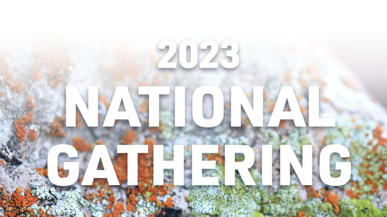 Graphic with the text "Imagining America National Gathering Radical Reckoning: Invoking the Elements for Collective Change" in all uppercase letters followed by "Providence, Rhode Island" and "October 20-22, 2023" in a separate line underneath