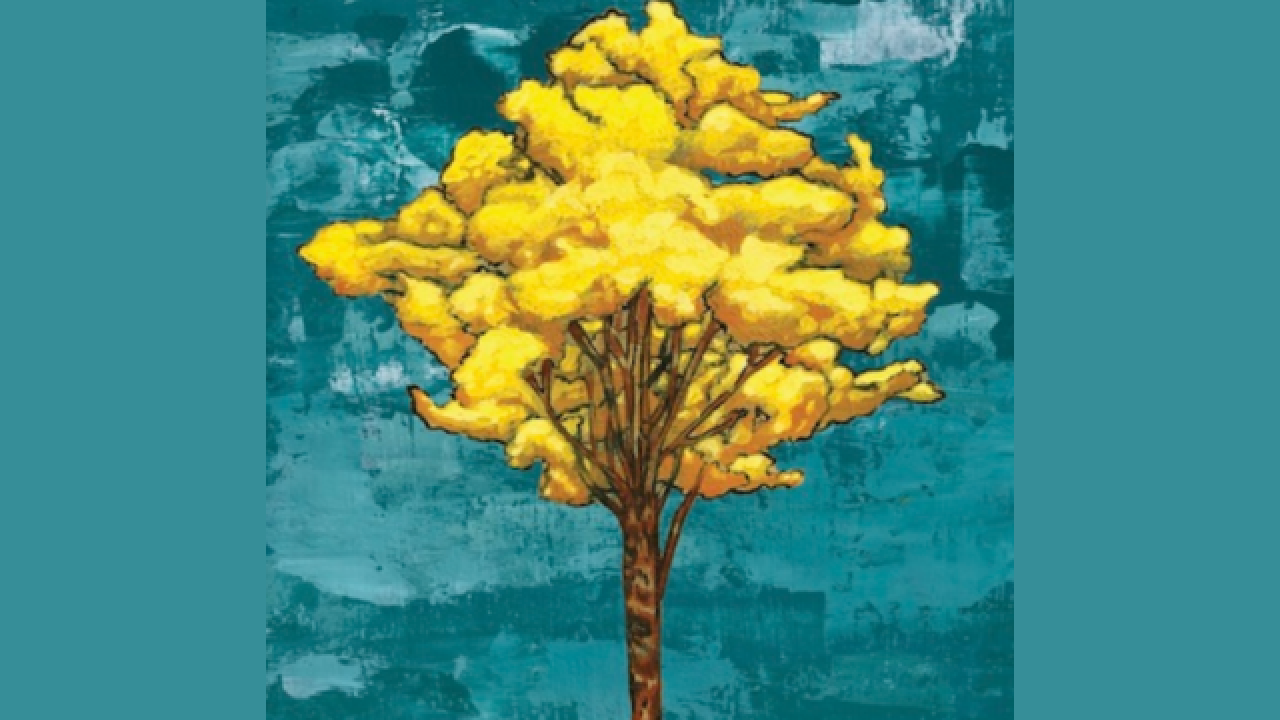graphic of a tree that has yellow leaves in front of a teal background