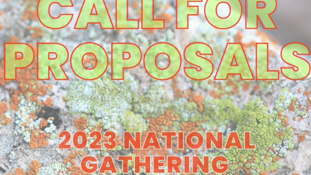 Overlay text on top of a graphic with the text "CALL FOR PROPOSALS 2023 NATIONAL GATHERING"
