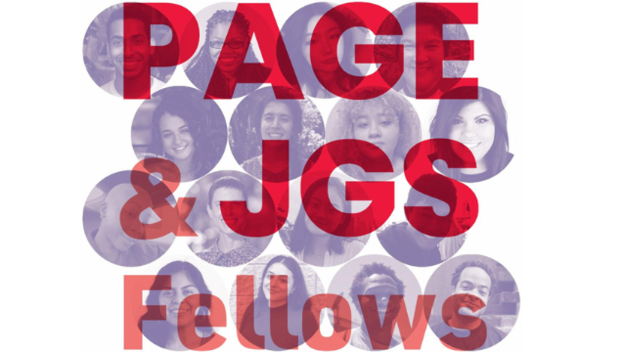Text overlay that reads "PAGE & JGS Fellows" on top of circle images of headshots