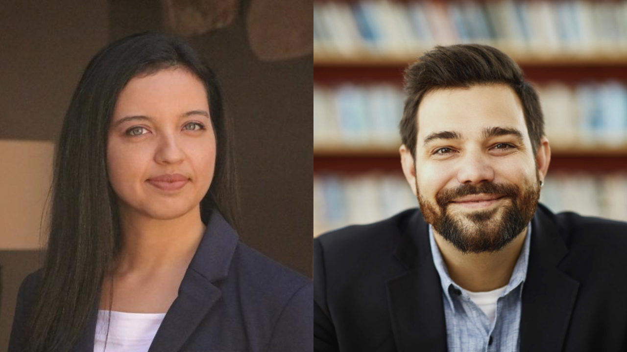 Side by side headshots of a woman on the left and a man on the right. Both are smiling directly into the camera.