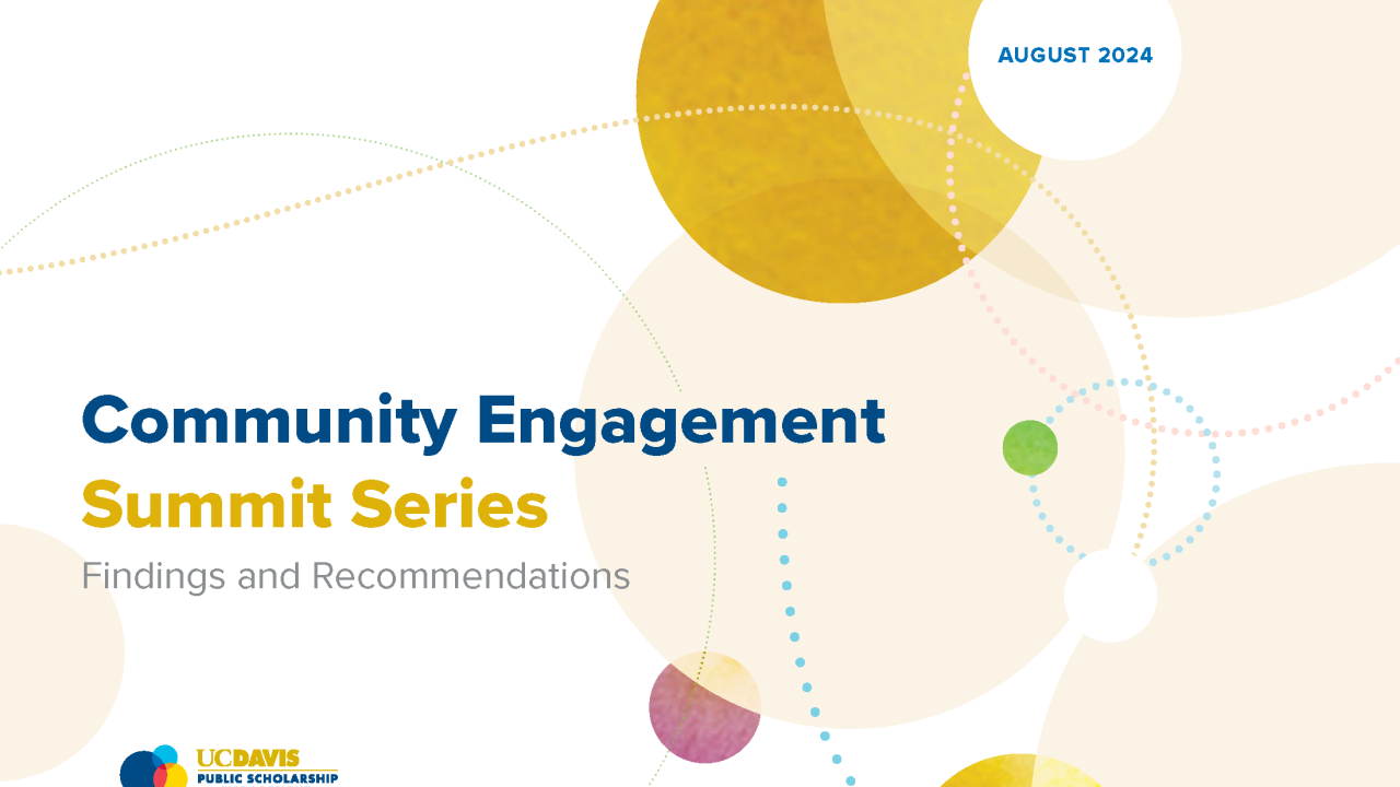 Cover page of a report titled 'Community Engagement Summit Series: Findings and Recommendations,' dated August 2024. The page features abstract circular designs in yellow, green, pink, and blue. The UC Davis Public Scholarship and Engagement logo is at the bottom left, alongside the UC Davis Health logo for the Office for Health Equity, Diversity and Inclusion.