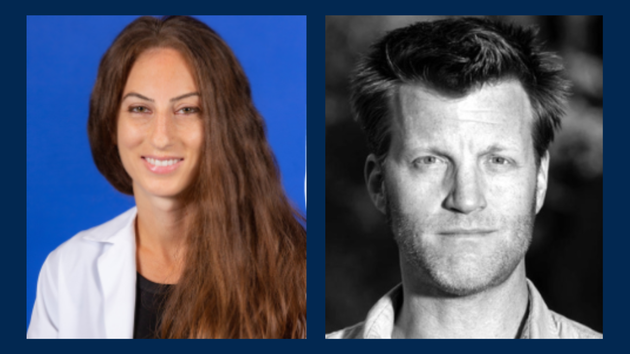 Collage of Naomi Hauser smiling in front of a blue background on the left and black and white photo of Ian Faloona on the right