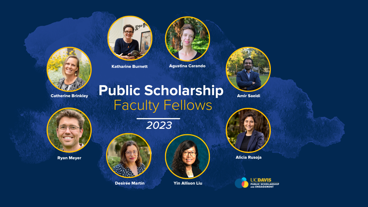 a blue background with a watercolor mark and 8 small circles with a headshot of a faculty fellow. text reads Public Scholarship Faculty Fellows 2023