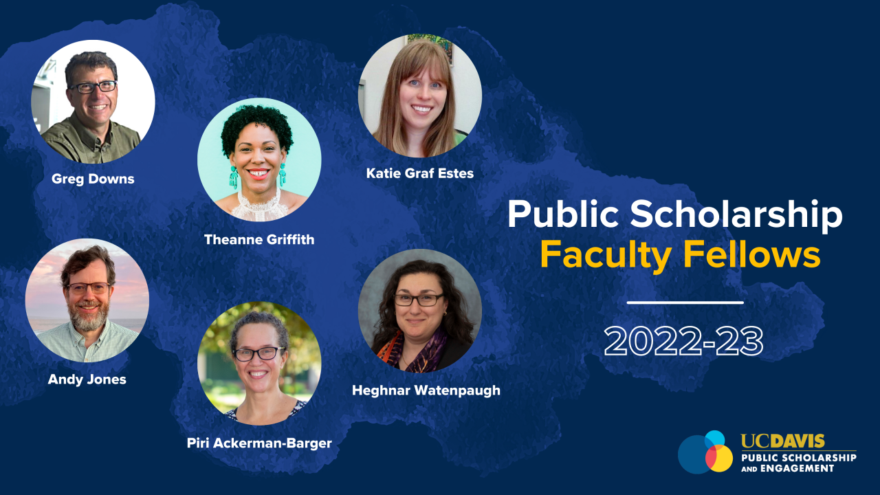 A blue background with a watercolor mark and 6 small circles with a headshot of a faculty fellow. Text reads Public Scholarship Faculty Fellows 2022-2023