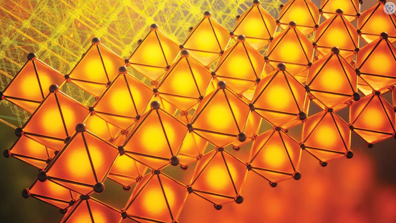 Rows of bright orange tetrahedral shapes against a red/yellow background