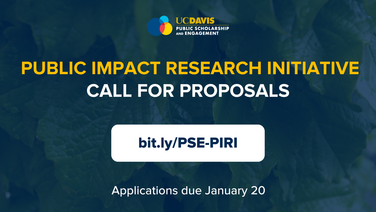 Dark blue graphic with text that says Public Impact Research Initiative: Call for Proposals. Applications are due January 20. Visit bit.ly/PSE-PIRI for more information