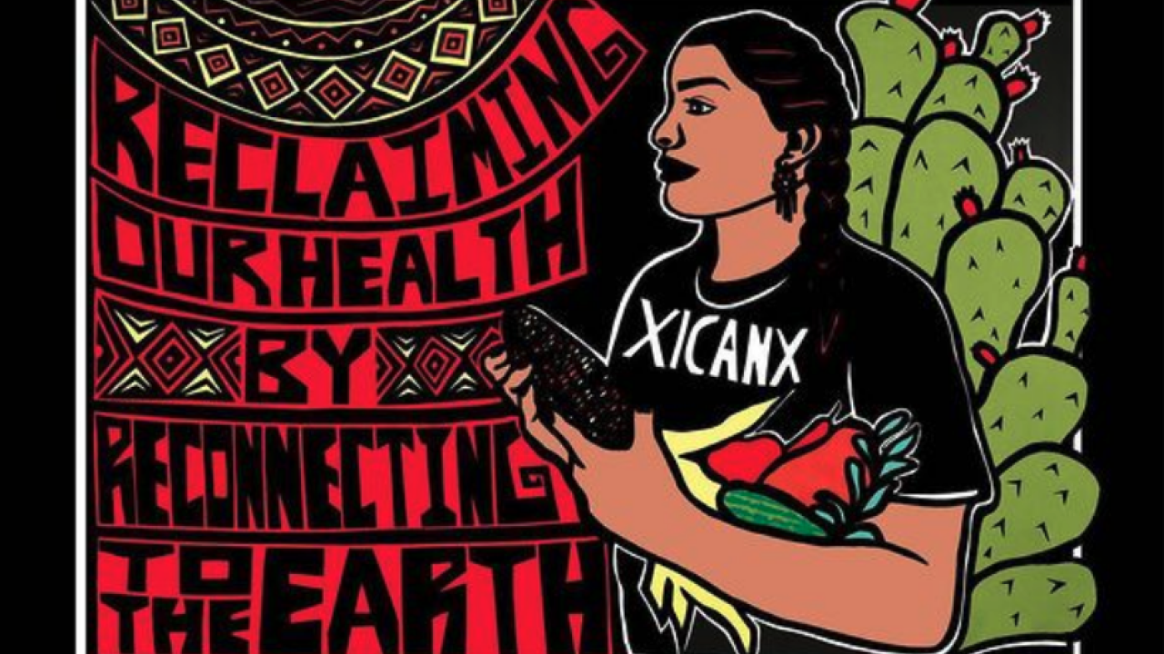 a graphic design image of a woman holding vegetables while wearing a shirt with the words "XICANX" next to text that says "Reclaiming our health by reconnecting to the earth" in all caps.