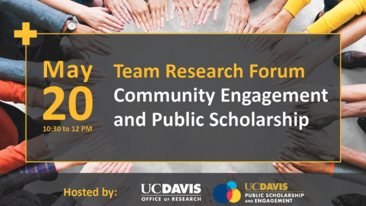 Banner that says May 20 Team Research Forum Community Engagement and Public Scholarship