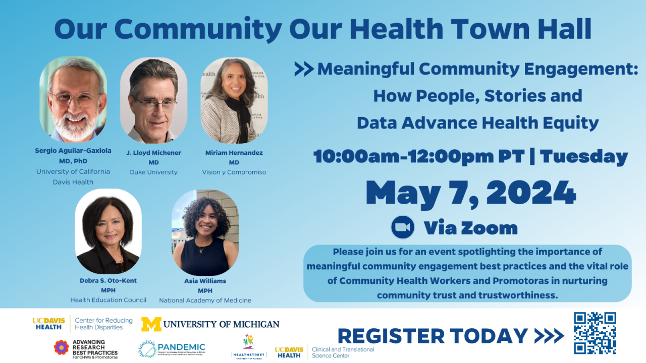 Flyer with headshots of five individuals for "Our Community Our Health Town Hall" followed by the date and time for the event. The individuals listed are Sergio Aguilar-Gaxiola MD, PhD; J. Lloyd Michener MD; Miriam Hernandez MD; Debra S. Oto-Kent MPH; Asia Williams MPH. Please join us for an event spotlighting the importance of meaningful community engagement best practices and the vital role of Community Health Workers and Promotoras in nurturing community trust and trustworthiness.