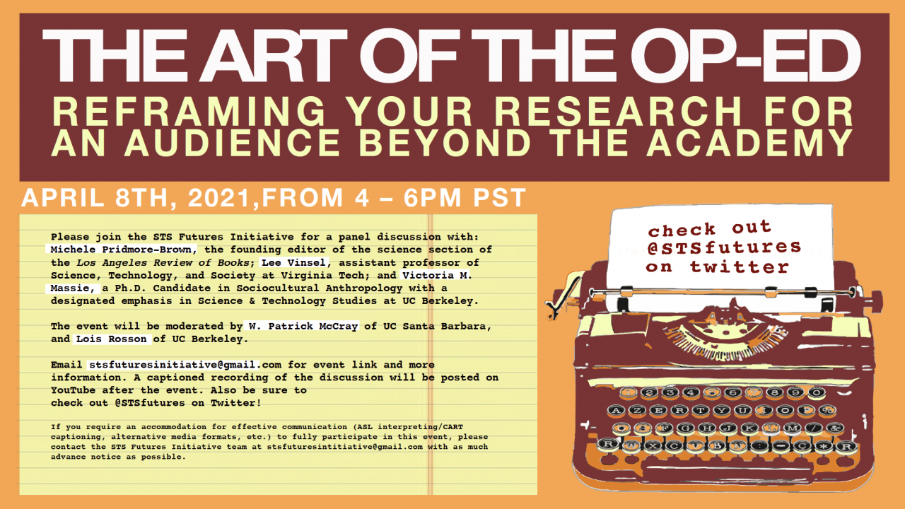 an event poster with lots of text - an icon of a type writer and title reads: The Art of the Op-Ed, Reframing Your Research for an Audience Beyond the Academy