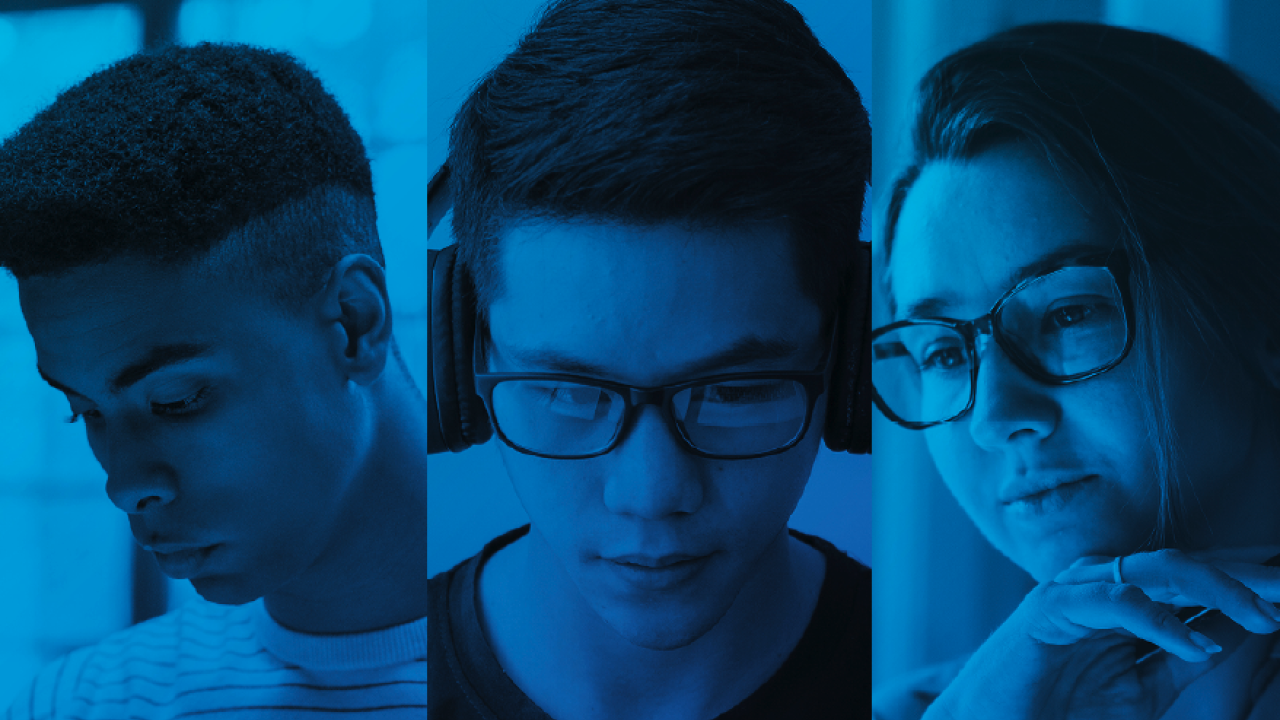 a blue lens over three images of young people looking down
