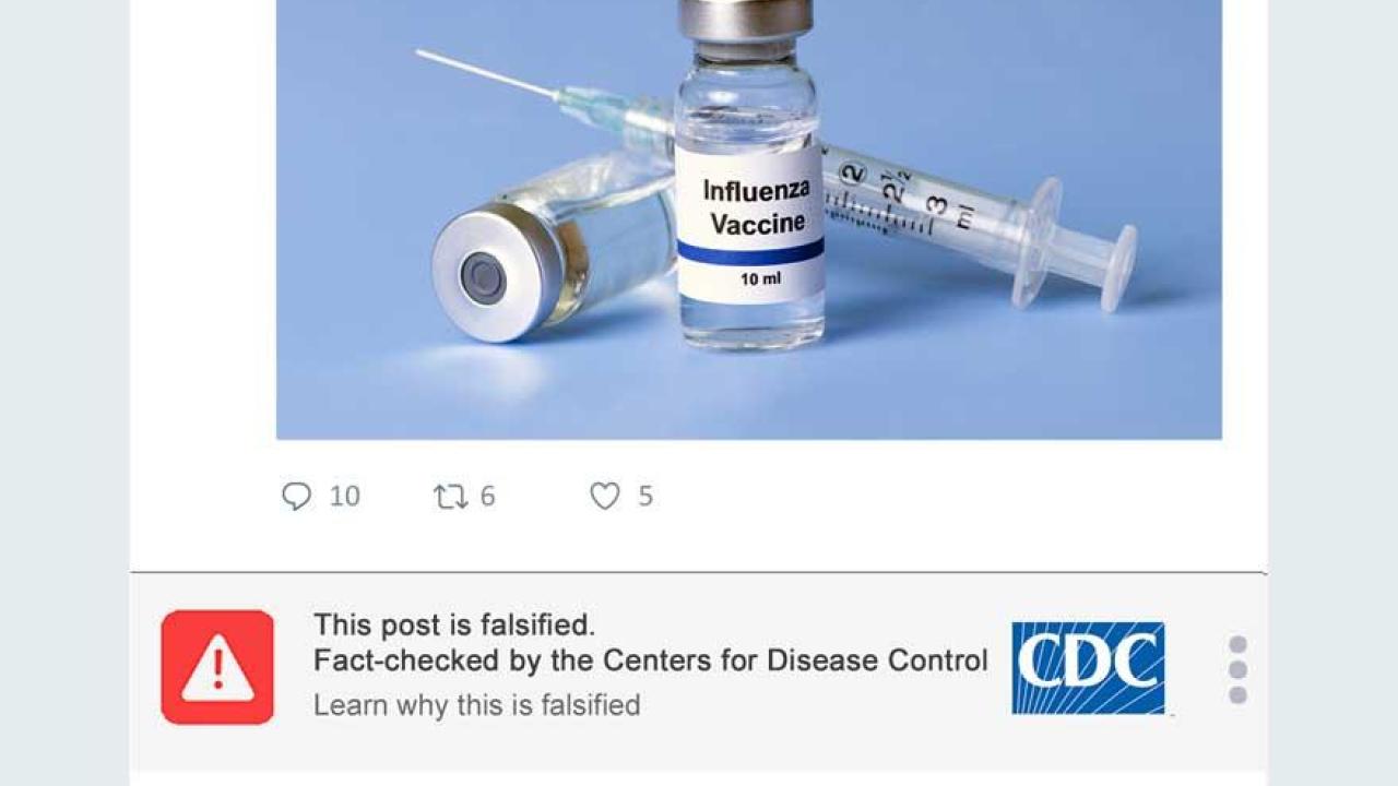 a social media post of a vaccine bottle with a fact checking label