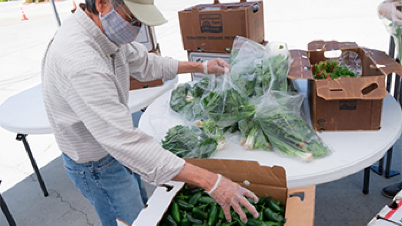 a man in a mask and a hat preparing a box of vegetables