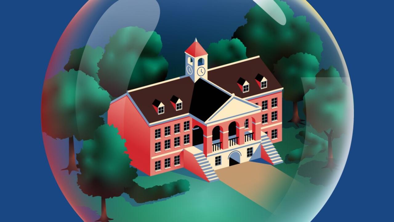 illustration of a university building in a bubble